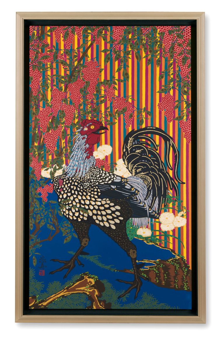 Rooster and Nandina Bush
